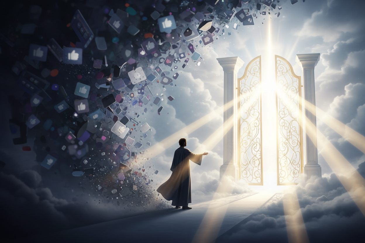 A symbolic, modern hero image representing choosing faith over cultural temptation. On the left side, an abstract digital background with soft, blurry social-media-themed shapes fading into darkness, symbolizing worldly distraction. Transitioning to the right side, a clean, bright, heavenly scene with the Gates of Heaven glowing in pure white and gold light. Soft golden beams shine outward, representing purity, holiness, and divine direction. Cinematic, high-contrast, premium aesthetic with a modern